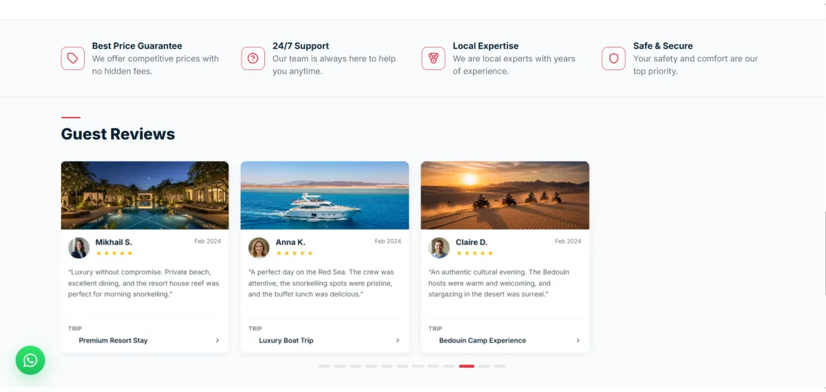 الصفحة الرئيسية لمنصة QuickTours تعرض الرحلات السياحية، الوجهات المميزة، أقسام الرحلات، ومحرك بحث للحجز.